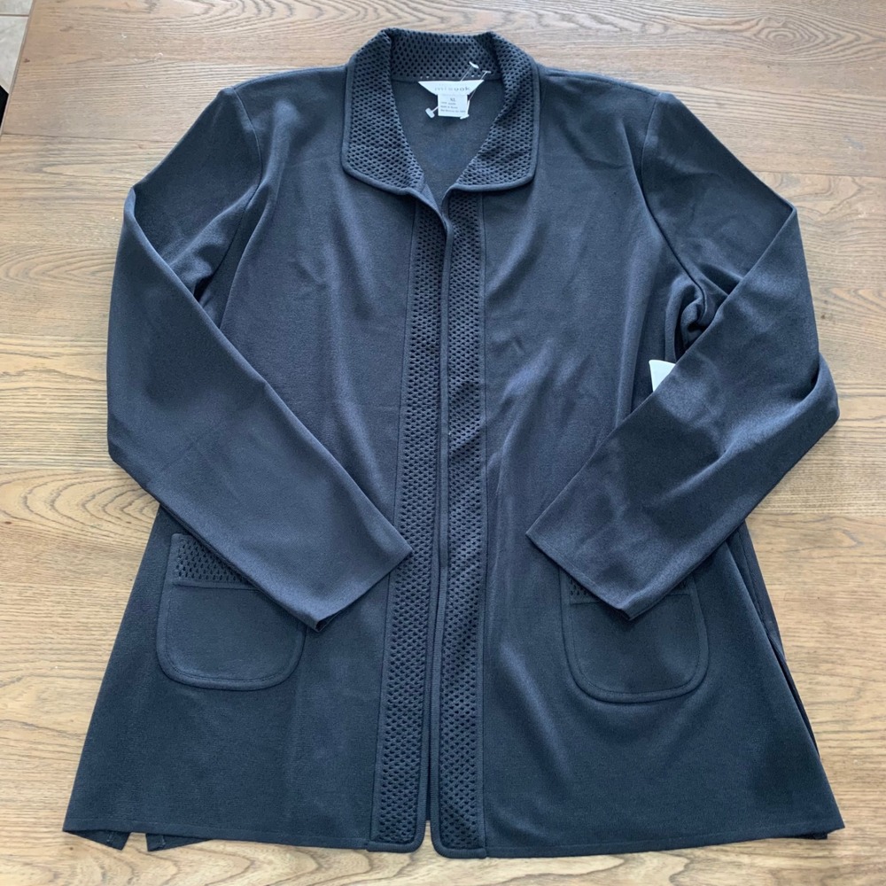 Misook Black Mesh Trim Open Front Knit Cardigan Jacket XL NWT Professional
